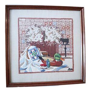 Vintage Cross Stitch Duck Basket of Flowers Framed Wall Hanging Needlepoint 1970